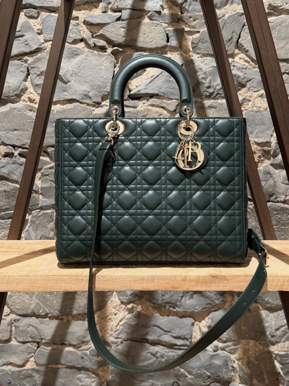 Dior 2018 Dark Green Lambskin Large Lady Dior Bag